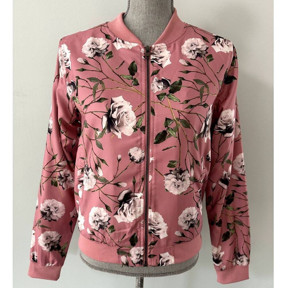 Iris Los Angeles Blush Pink Floral Rose Soft Bomber Jacket size M
